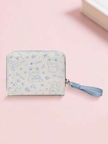 New Korean Style Folding Buckle Short Women's Wallet, Japanese Cute Cat Cartoon Integrated Card Holder, Student Bag, Zipper Coin Purse Wallet - màu xanh bột - Xem 3