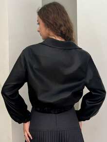 Livesso 1pc Women's Solid Color Front Zipper Long Sleeve Pocket Minimalist PU Leather Jacket,Fall Women Clothes - Black - View 4