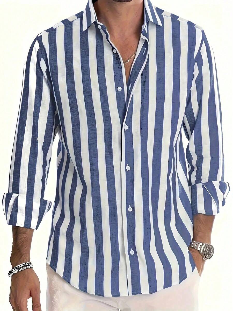 Camisa casual de manga larga con botones y cuello a rayas para hombre, versátil para cita, playa, vacaciones, regalo - Azul y blanco - Ver 1