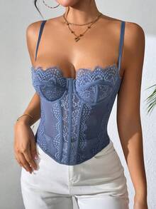 Ins Fashion Tight Bustier Sexy Fitted Strapless Lace Camisole, Refreshing Light Blue - Blue - View 4