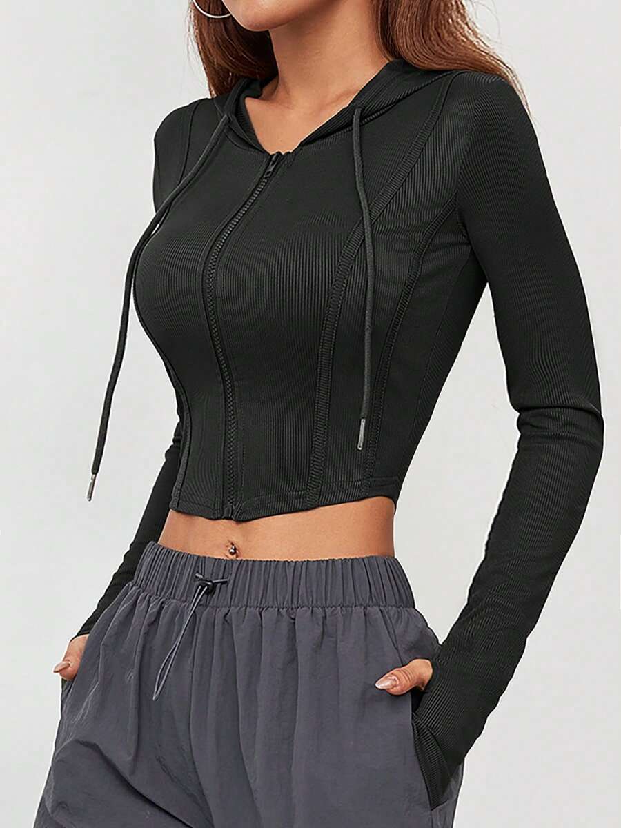 1pc Women's Lightweight Sporty Jacket, Short Zip-Up Outerwear, Fashion Streetwear, With Thumb Holes, Suitable For Gym, Outdoor, Casual Workout, Commuting, Autumn/Winter - Black - View 1