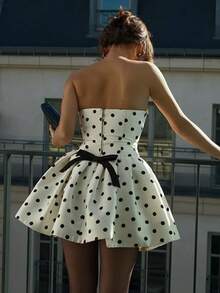 New Style Strapless Waist-Cinching A-Line Short Skirt With Polka Dots And Bow Embellishments - 白色 - 查看 4