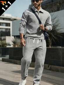 2 Pieces Set Men's Jacquard Collar Half Zip Sweatshirt And Ankle Cuffed Pants, Matching Outfit - Grey - View 1