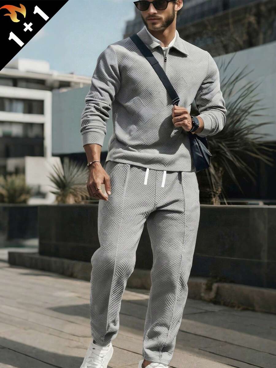 2 Pieces Set Men's Jacquard Collar Half Zip Sweatshirt And Ankle Cuffed Pants, Matching Outfit - Grey - View 1