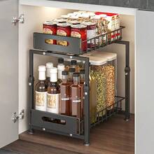 双层水槽下收纳架、折叠式拉出式橱柜收纳架、防锈水槽下收纳架、大容量水槽下收纳架和储物柜拉出式抽屉、浴室收纳架和储物架、滑动抽屉储物托盘调味瓶香料收纳架滑出式抽屉，适用于厨房和浴室柜抽屉式橱柜收纳架 - 黑色 - 查看 5