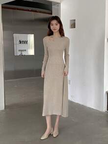 Autumn/Winter Korean Style Apricot Elegant Waist Cinched Cutout Shoulder Long Sleeve Women Sweater Dress