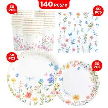 30件套白色花卉图案一次性餐盘、餐巾纸和杯子套装，派对用品，适用于生日、婚礼、聚会、家庭野餐 - 彩色 - 查看 14