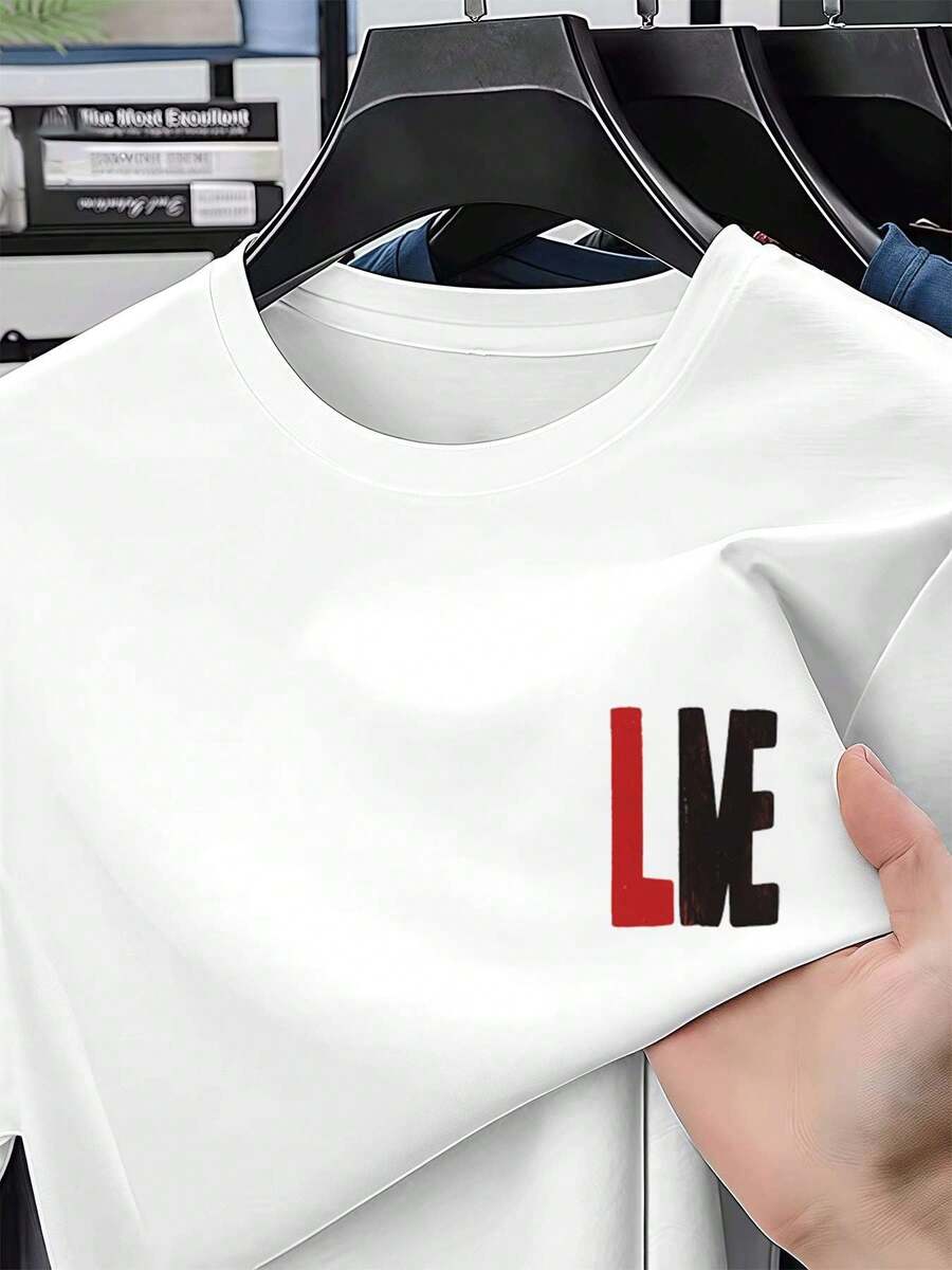 Live Graphic Casual Tee Fashion Print T-Shirt , Men's 220g New Summer Sports Fashion Printed Pure Cotton Short-Sleeved T-Shirt(1 PC) - White - View 1