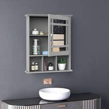Stylish Grey Wall-Mounted Bathroom Cabinet With Mirror Door And 3 Shelves - Versatile Organizer For Bathroom, Kitchen, And Bedroom Spaces
