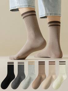 1/6 Pairs Men's Solid Striped Fleece Lined Comfortable Soft Casual Business Sports Mid-Calf Socks, Suitable For Daily Wear