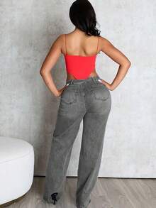 Women's Denim Straight-Leg Pants, Autumn And Winter Women's Clothing Fashion Washed Button-Patch High-Waisted Trousers - Xám - Xem 2