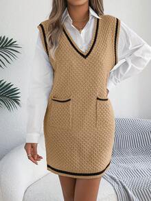 Waffle Knit Sweater Dress, Casual Everyday Commute Wear, Autumn/Winter - Khaki - View 5