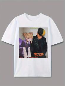 Camiseta gráfica casual para hombres - Impresión de doble personaje inspirada en anime, ajuste regular, manga corta, cuello redondo, camiseta de verano lavable a máquina para atuendo casual, ropa de calle cómoda, tela no transparente - Blanco - Ver 2