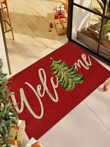 1pc Christmas - Welcome Home Christmas Tree Theme Doormat Rug - 900g/㎡ Soft Velvet, Machine Washable, Durable, Stain Resistant, Quick Drying, Suitable For Indoor/Outdoor Doormats, Home Decor, Bedroom, Kitchen, Photography, Prop, Outdoor Decor Gifts, Holiday Gifts, Area Rugs, All Season