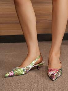 Floral Print High Heel Shoes, Heel, Fall, Pumps, Autumn, New Sexy Pointed Toe Thin Heel Comfortable Slip-On Fashion Versatile Floral Print Outdoor Polyester Shoes - Green - View 3