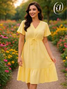 Women's Short Ruffle Dress Casual Duna Short Sleeve Midi Party Evangelical Fashion Elastic Waist. - 淡黃色 - 查看 5