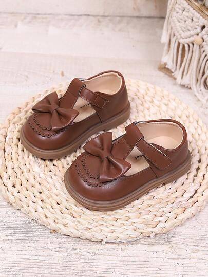 1 Pair Girls Bow Lace Soft Sole Comfortable Vintage Casual British Style Flat Shoes Suitable For Spring And Autumn