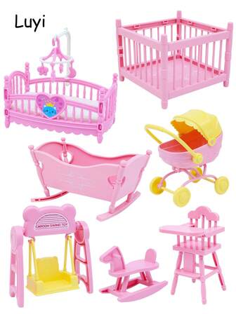 迷你家具卧室微模型摇床、围栏、婴儿车、秋千、木马装饰（床头铃铛颜色随机）、娃娃屋配件，适用于装饰玩具屋和迷你微缩场景