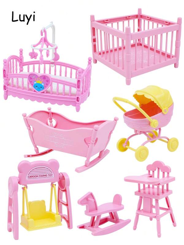 Mini Furniture Bedroom Micro Model Rocking Bed, Fence, Baby Stroller, Swing, Wooden Horse Decor (Bedside Bell Color Random), Dollhouse Accessories, Suitable For Decorating Toy House And Mini Miniature Scenes