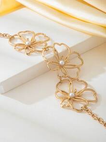1 件夸张时尚大花朵不对称空心花瓣仿珍珠雄蕊重叠设计吊坠项链，适合女士，适合日常佩戴和派对，是送给女友、家人、朋友、姐妹的绝佳礼物 - 金色 - 查看 2