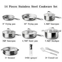 Cookware Sets,Stainless Steel Pots And Pans Set, 14 Piece Tri-Play Nonstick Hybrid Frying Pans, Saucepans, Saute Pan With Tempered Glass Lids, Stay-Cool Handles Induction, Oven, Dishwasher - 銀色 - 查看 2
