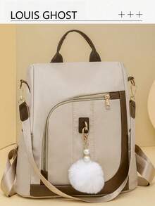 Oxford Cloth Water-Repellent Large Capacity Color-Blocked Backpack, Casual Fashion Versatile Travel Bag With A Hanging Fur Ball, Suitable Ladies, Girls, Students, Office Workers And White-Collar Workers, Suitable For Work, Attendance, Business, School, Library, Travel., Perfectly Matching With Backpack Accessories - Beige - View 2