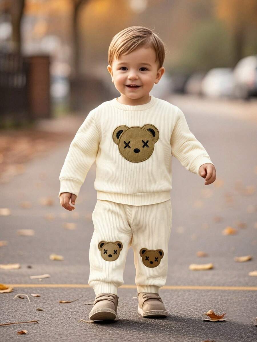 2pcs Set, Casual, Cute, Baby Boy Autumn Outfit, Soft & Comfortable, Cartoon Bear Embroidery, Knitted Crew Neck Long Sleeve Top And Elastic Waist Pants - Multicolor - View 1