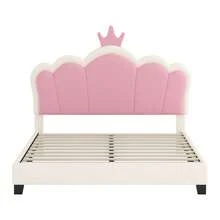 Full Size Upholstered Princess Bed With Crown Headboard For Girls, Full Size Platform Bed With Headboard And Footboard, White + Pink