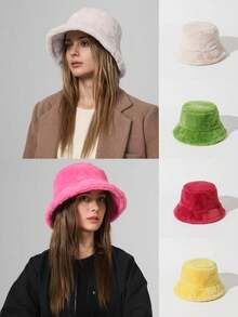 1pc High-Quality Women's Smooth & Soft Solid Color Faux Fur Bucket Hat, Comfortable & Warm For Outdoor, Casual Wear, Suitable For Daily Use And As Christmas/New Year Gift, Adjustable Size Fits Small To Large Heads