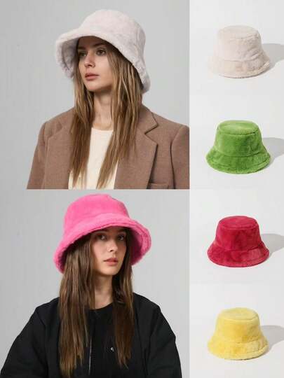 1顶女士高品质柔软毛绒渔夫帽，光滑仿兔毛，纯色简约设计，保暖透气，适合户外休闲佩戴，日常百搭，男女通用，适合小头围。