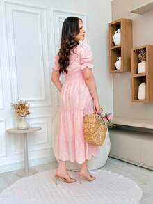 Elegant 3D Embroidered Laise Midi Dress In 100% Cotton With Puff Sleeves And Flared Skirt - 粉彩粉紅色 - 查看 2