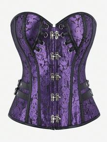 Top corset steampunk, gaine amincissante, boucle latérale, bustier à fermeture éclair jacquard vintage, style gothique à laçage dans le dos, corset ajusté pour le bal masqué - Prune - Voir 3