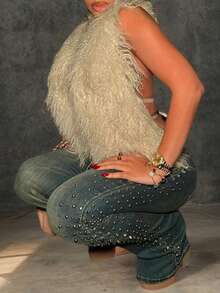 Women's Sexy Backless Faux Fur Vest Jacket With Deep V-Neck And Tie Back, Suitable For Autumn/Winter - Khaki - View 2