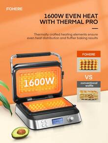 1600W Belgian Waffle Maker, Double Waffle Maker With LED Display, 5 Different Programmes, 7 Browning Controls, Countdown Timer, Audible Alerts, Stainless Steel (Silver) - UK Plug(220-240V) - View 3