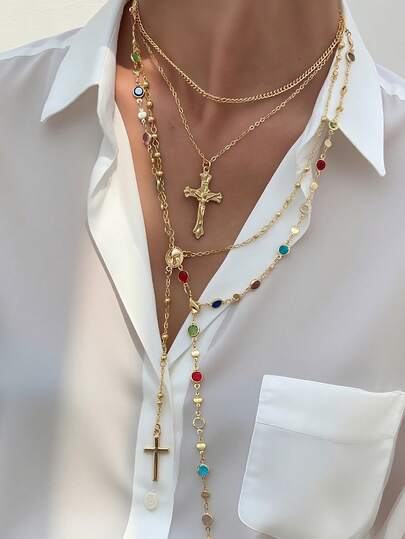 4 件复古波西米亚彩色仿宝石十字架吊坠 Y 型项链套装，适合女性日常佩戴、派对、约会、分层佩戴，是所有季节的完美礼物之选