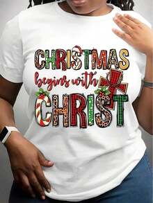 % Cotton Graphic Hoodies,Y2k Style Festive Letter Print Short Sleeve-Shirt - Women's Casual Round Neck Tee - All Seasons Available,Oversize S To 5XL ,Summer-Shirt, Holiday, - 白色 - 查看 1