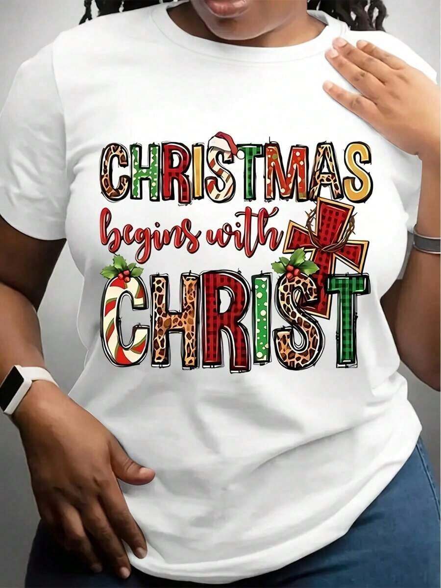 % Cotton Graphic Hoodies,Y2k Style Festive Letter Print Short Sleeve-Shirt - Women's Casual Round Neck Tee - All Seasons Available,Oversize S To 5XL ,Summer-Shirt, Holiday, - 白色 - 查看 1