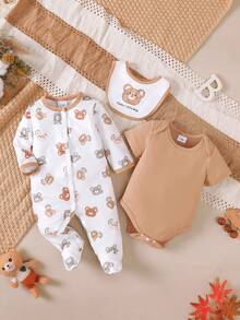 3件套新生儿婴儿连脚连体衣+围兜，可爱休闲小熊图案设计，秋冬季 - 彩色 - 查看 1