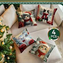 4pcs Christmas Cat Pattern Set - Single-Sided Printed Throw Pillow Cover 45*45cm - Multicolor - View 5