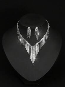 1套特色設計帶鑲嵌鑽石和流蘇的爪形鍊，新娘風格3入組設計 - 白色 - 查看 5