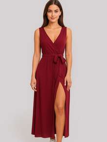 Wrap Dress 3 Ways To Wear Ribbed Midi Wrap Dress - 酒紅色 - 查看 1