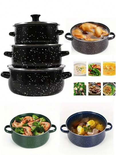 3pcs Enamel Cookware Set, Non-Stick Pots & Pans Set, Enamel Cooking Pot Set With Glass Lid, Multi-Purpose Durable Enamel Pot Set For Home Kitchen, Suitable For Gas & Induction Cooktop