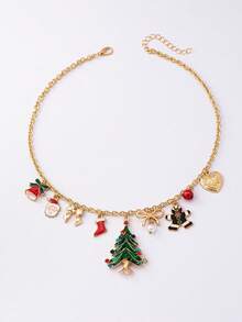 1 Pc Enameled Christmas Tree Pendant, Gingerbread Man Heart Locket Gingle Bells Bow Charm Necklace, 2025 Winter Holiday Festive Jewelry Gift For Women & Girls - Christmas Tree Gingerbread Man Necklace - View 3