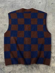 Unisex Casual Loose Fit Textured Plaid Pattern Sleeveless Button-Front Cardigan Sweater, Versatile For Spring, Autumn, Winter - Brown - View 3