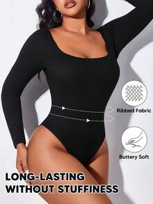 Women's Openback Square Neck Long Sleeve Tummy Control Bodysuit Shapewear - Black - View 4