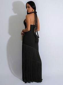 Women's Solid Color Hollow Out Design Bodycon Halter Sexy Party Dress - Black - View 5