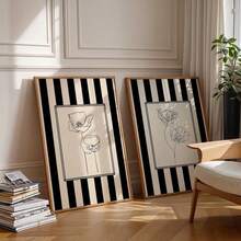 Minimal Black And White Line Art Flower Print, Striped Wall Art, Cottagecore Wall Art, Nature Line Drawing Print, Modern Botanical Canvas Poster, Home Decor Living Room, Wall Decor, No Frame - Multicolor - View 2