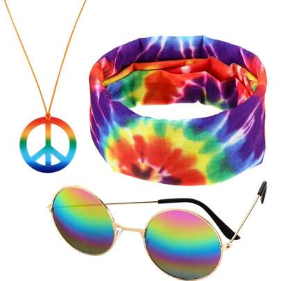 Phụ kiện phong cách Hippie thập niên 70, trang phục nhuộm tie-dye họa tiết da báo, băng đô hippie cho nam và nữ, vòng cổ biểu tượng hòa bình, kính thời trang.