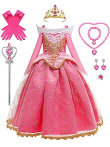 Girl's Princess Dress Performance Dress Birthday Party Costume And Accessories Set - Màu Hồng Tươi - Xem 1