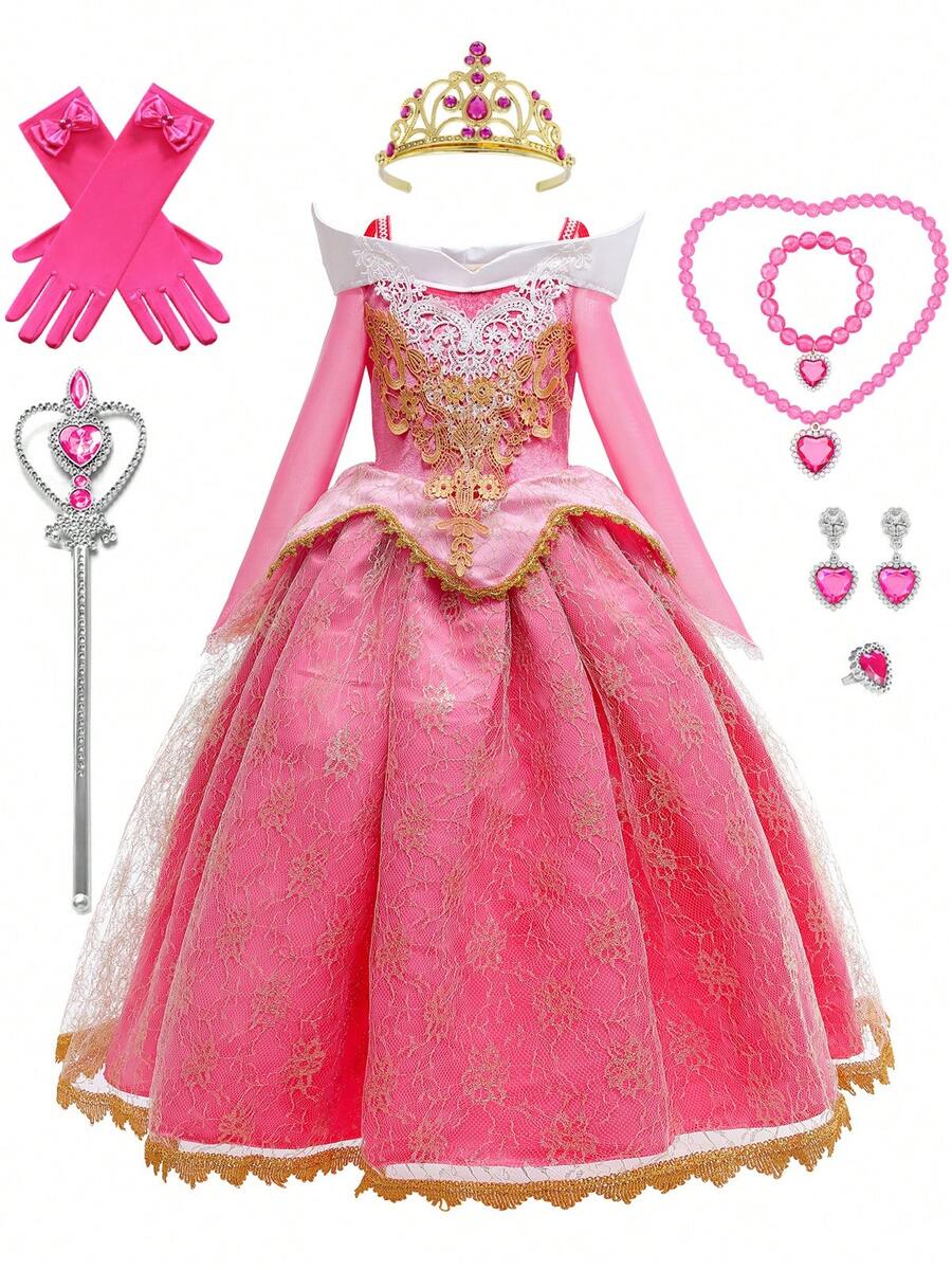 Girl's Princess Dress Performance Dress Birthday Party Costume And Accessories Set - Màu Hồng Tươi - Xem 1